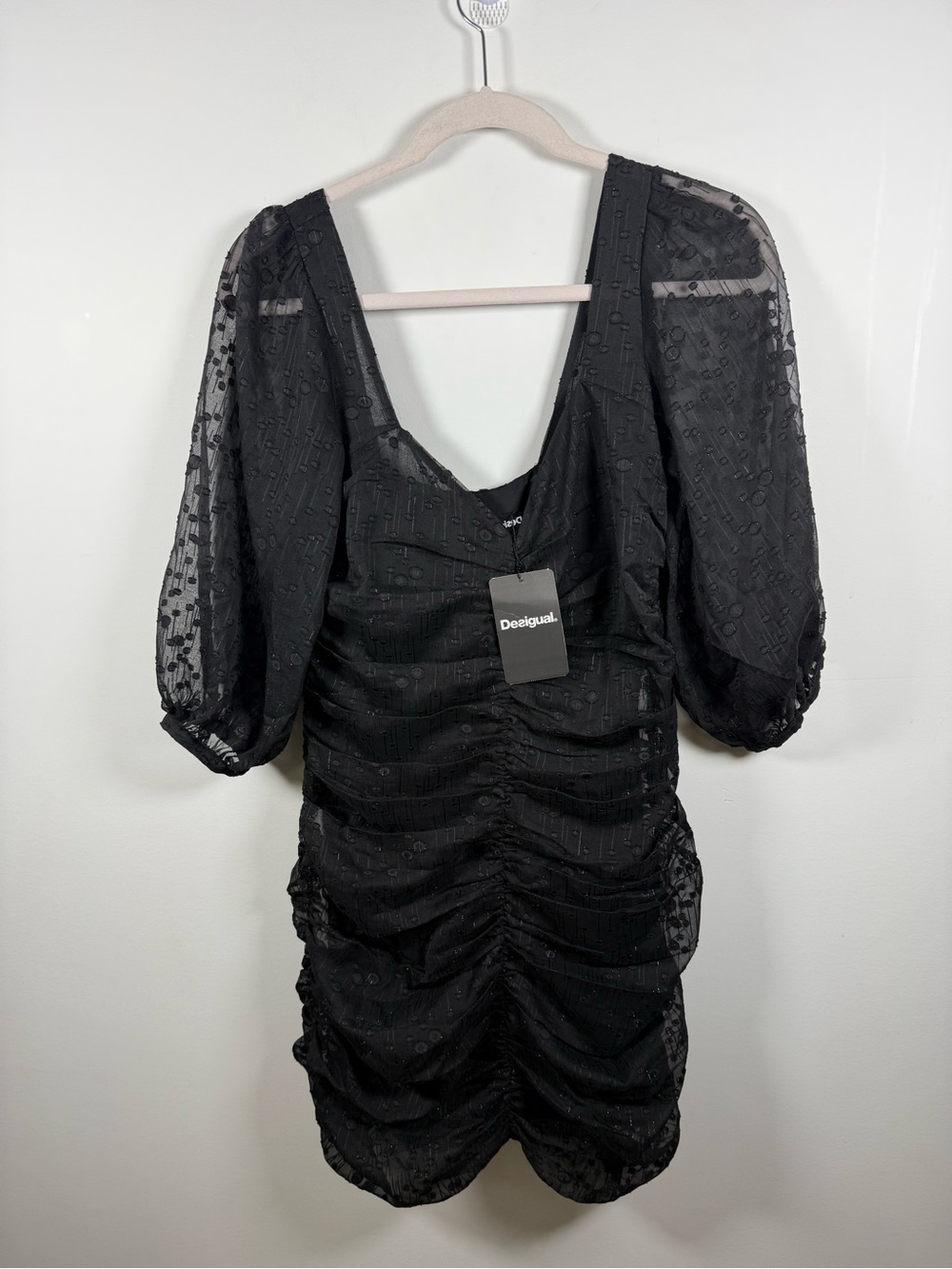 DESIGUAL | MSRP $205 BNWT Black Dotted Ruched Mesh Mini Dress Size L